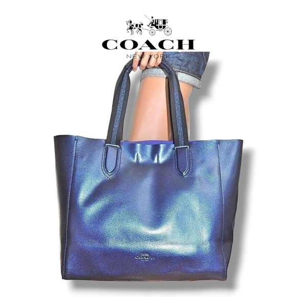 Coach F59388 Large Metallic Navy Pebble Leather Derby Tote - Picture 1 of 10